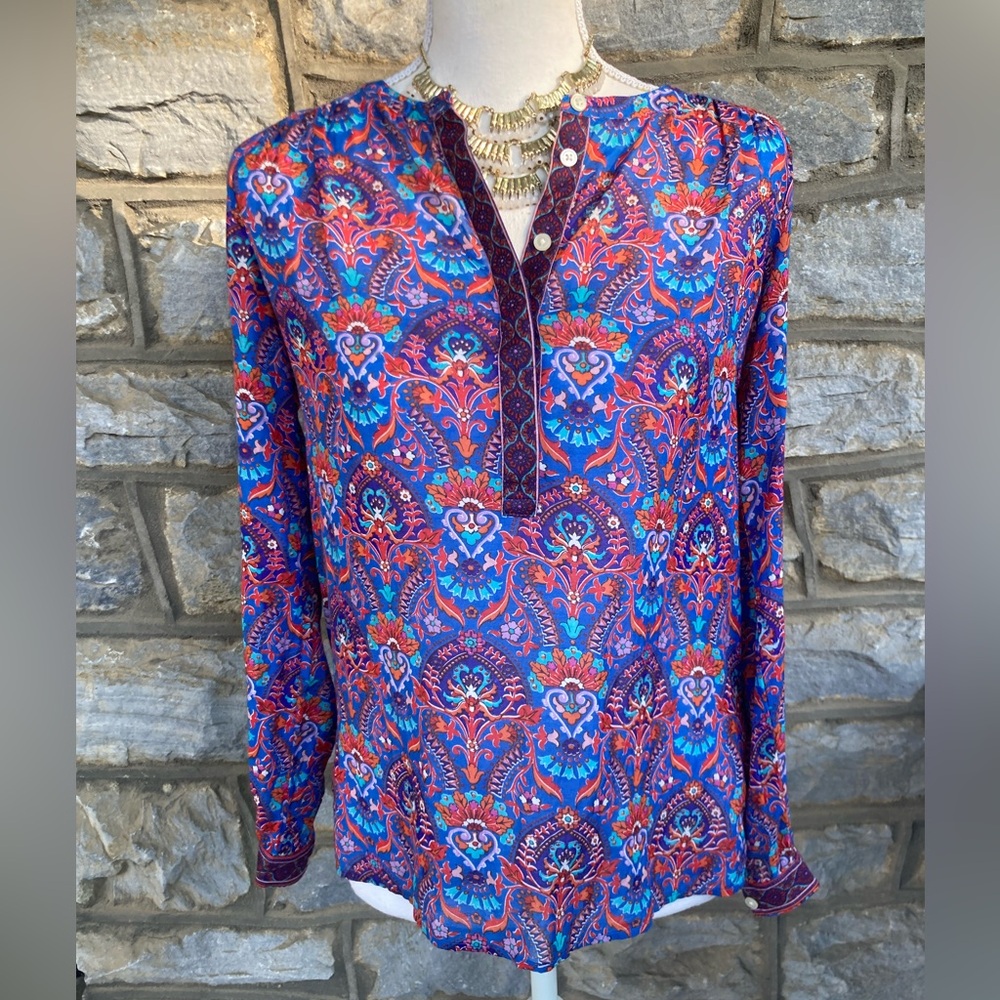 LOFT The Softened Paisley & Floral Print Popover Top in Blue & Red Boho Festival